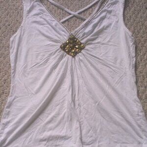 Charlotte Russe junior's dressy tank, criss-cross back and gold beading, size L